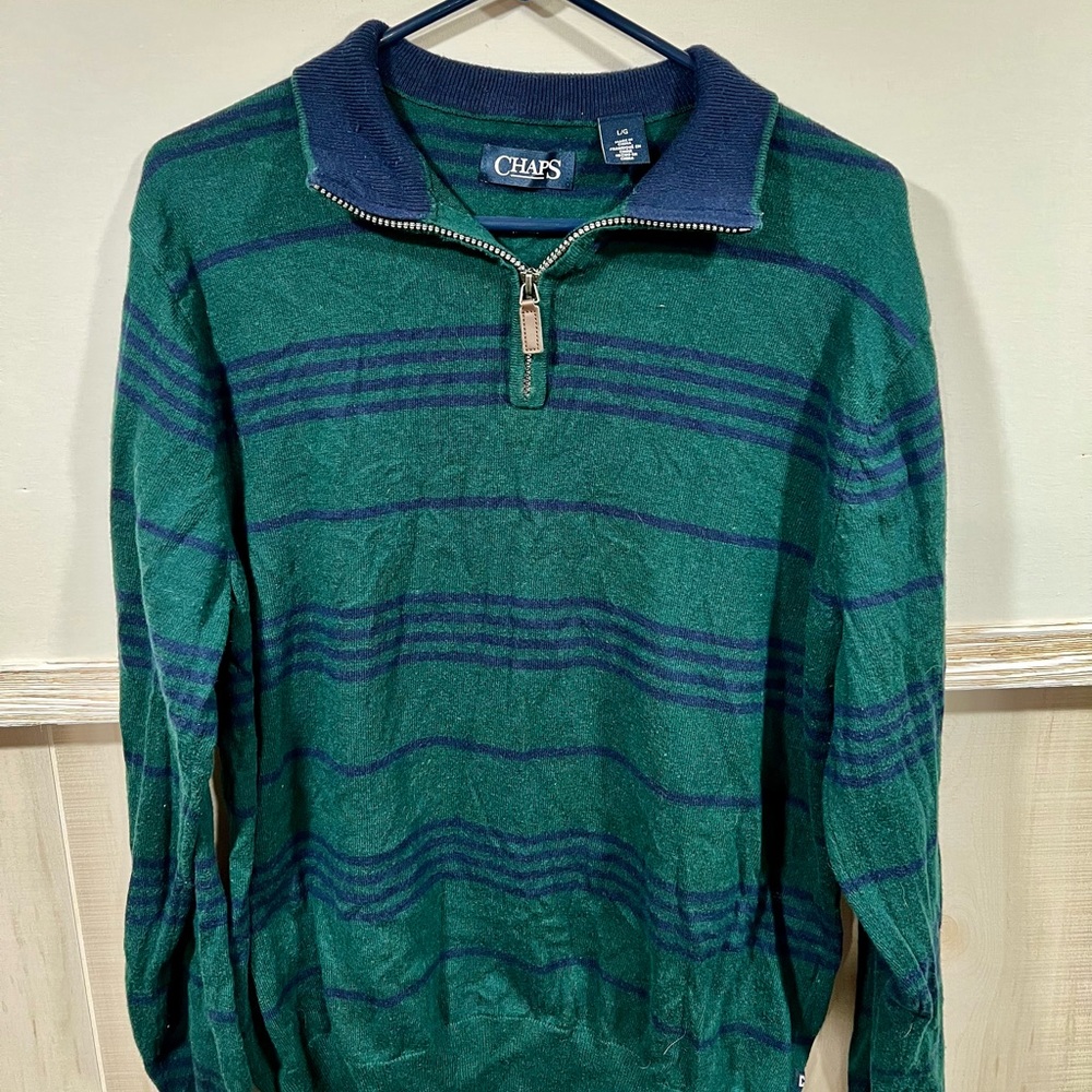 Chaps, green with blue stripes collard sweatshirt, men’s large